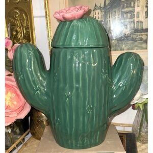 Vintage Treasure Craft Saguaro Green Cactus Pink Flower Ceramic Cookie Jar USA